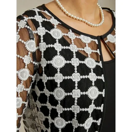 Women's Jacket Coat Blazer Lace Embroidered Color Block Elegant Floral Anniversary Wedding Guest Daily Cocktail Party Open Front Regular Crewneck Regular Fit Long Sleeve Outerwear Black - Image 3