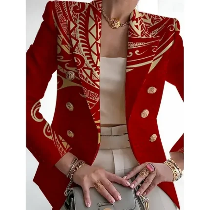 Women's Blazer Comfortable Breathable Pocket Print Fashion Casual Geometric Office Street Casual Daily Wear Double Breasted Regular Turndown Slim Long Sleeve Outerwear Black White Red Summer Spring - Image 3
