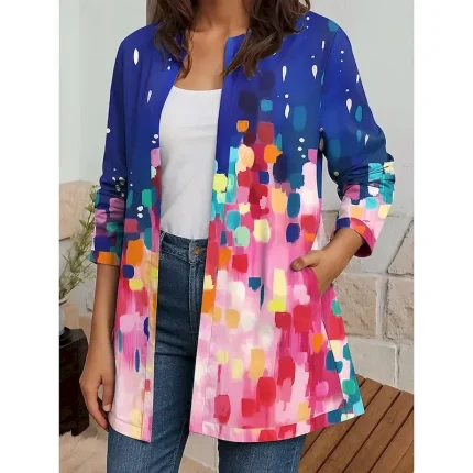 Women's Blazer Work Fall Winter Regular Coat Regular Fit Breathable Elegant Artistic Style Boho Vintage Jacket Long Sleeve Geometric Print Open Front Yellow Pink Blue - Image 5