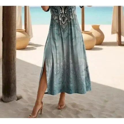 Women's Maxi Dress Casual Dress Casual Daily Loose Fit Geometric Short Sleeve Crew Neck Teal Black White Red Summer - Image 3