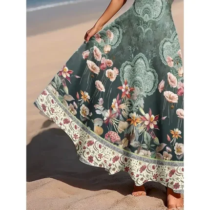 Women's Maxi Dress A Line Dress Off The Shoulder Dress Bohemia Vacation Beach Party Regular Fit Floral Graphic Paisley Sleeveless Square Neck Scoop Neck Sage Green Summer Spring - Image 3