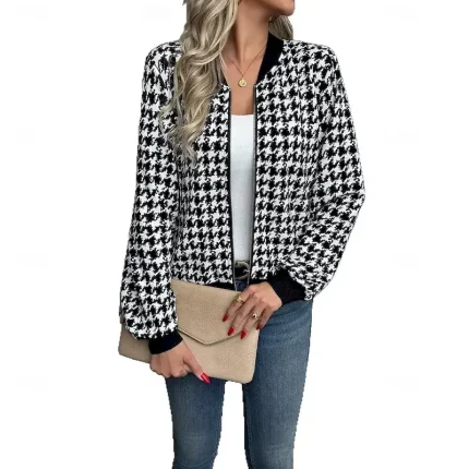 Women's Casual Jacket Comfortable Zipper Pocket Vintage Houndstooth Vacation Home Office Daily Regular Baseball Collar Regular Fit Long Sleeve Outerwear Black Spring Fall - Image 4