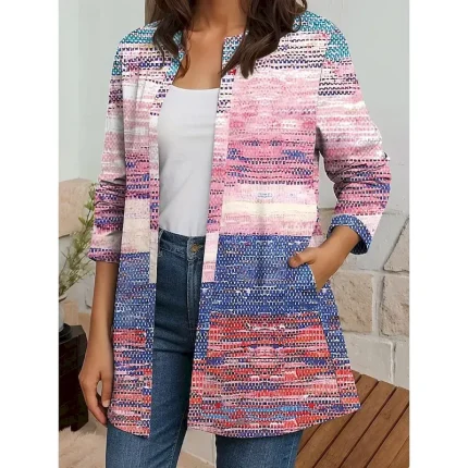 Women's Blazer Work Fall Winter Regular Coat Regular Fit Breathable Elegant Artistic Style Boho Vintage Jacket Long Sleeve Geometric Print Open Front Yellow Pink Blue - Image 4