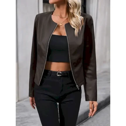 Women's Faux Leather Jacket Casual Jacket Comfortable Breathable Zipper Casual Plain Vacation Street Casual Daily Wear Zipper Short Crewneck Regular Fit Long Sleeve Outerwear Black Brown Apricot - Image 3