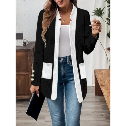 Women's Casual Jacket Comfortable Breathable Pocket Buttons Casual Plain Vacation Street Casual Daily Wear Single Breasted Regular Stand Collar Regular Fit Long Sleeve Outerwear Black White Spring - Image 6