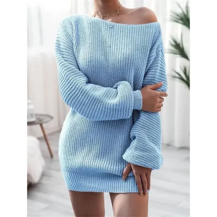 Women's Sweater Sweater Dress Casual Soft Pure Color Ribbed Off Shoulder Knitted Long Sleeve Long Tops Knit Outdoor Daily Weekend White Pink Fall Winter - Image 6
