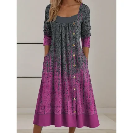 Women's Midi Dress Shift Dress Casual Daily Regular Fit Graphic Geometric Long Sleeve Square Neck Red Blue Purple Green Fall Winter - Image 3