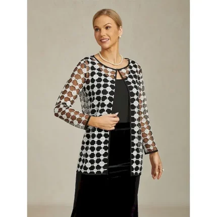 Women's Jacket Coat Blazer Lace Embroidered Color Block Elegant Floral Anniversary Wedding Guest Daily Cocktail Party Open Front Regular Crewneck Regular Fit Long Sleeve Outerwear Black - Image 6