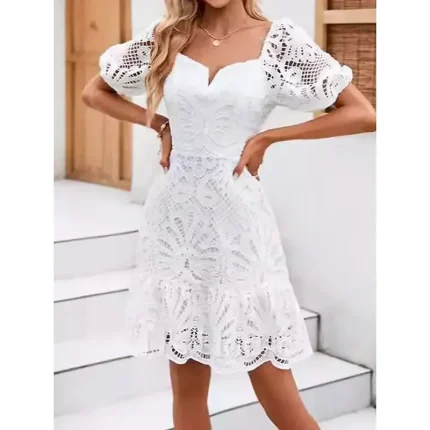 Women's Mini Dress A Line Dress Summer Dress Eyelet Dress Vacation Casual Daily Regular Fit Graphic Short Sleeve V Neck White Summer - Image 4