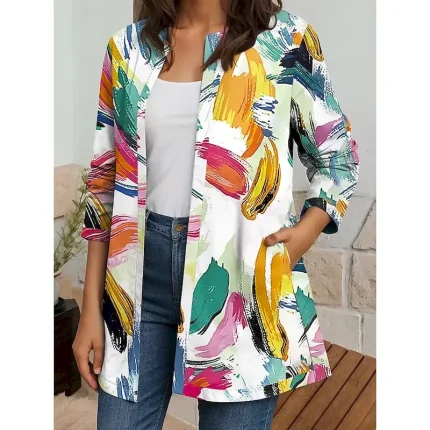 Women's Blazer Work Fall Winter Regular Coat Regular Fit Breathable Elegant Artistic Style Boho Vintage Jacket Long Sleeve Geometric Print Open Front Yellow Pink Blue - Image 3