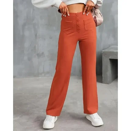 Women's Wide Leg Slacks Straight Streetwear Casual Full Length Natural Plain Pocket Elastic Waist Buckle Comfortable Outdoor Street Going out Apple Green Dark-Gray Orange red Forest Green Fall - Image 6
