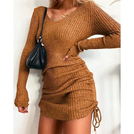 Women's Mini Dress Sweater Dress Fashion Modern Outdoor Vacation Holiday Regular Fit Plain Long Sleeve V Neck Black Yellow Wine Dark Green Fall - Image 5