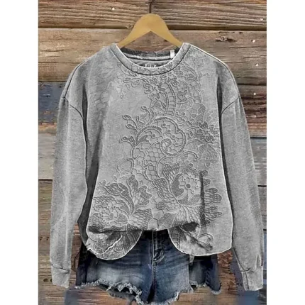 Women's Pullover Sweatshirt Floral Warm Vintage Western Long Sleeve Crew Neck Regular Tops Home Street Dailywear Print White Dark Pink Blue Green Gray Summer Spring Fall Winter - Image 4