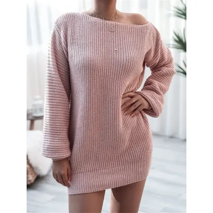Women's Sweater Sweater Dress Casual Soft Pure Color Ribbed Off Shoulder Knitted Long Sleeve Long Tops Knit Outdoor Daily Weekend White Pink Fall Winter - Image 4