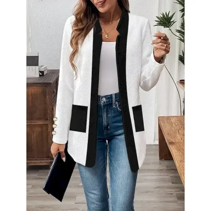 Women's Casual Jacket Comfortable Breathable Pocket Buttons Casual Plain Vacation Street Casual Daily Wear Single Breasted Regular Stand Collar Regular Fit Long Sleeve Outerwear Black White Spring - Image 5