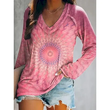 Women's T shirt Long Sleeve V Neck Long Sleeve Graphic Casual Geometry Vintage Stylish Classic Regular Tops Daily Weekend Print Light Green Pink Blue Orange Green Spring Fall Prefall - Image 5