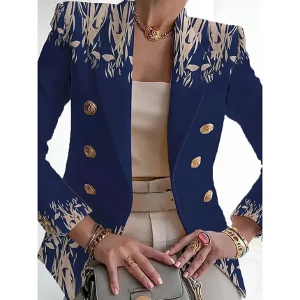 Women's Blazer Comfortable Breathable Print Fashion Casual Floral Formal Work Office / Career Double Breasted Regular Turndown Regular Fit Long Sleeve Outerwear Black White Navy Blue Summer - Image 4