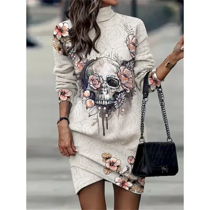 Women's Black Dress Work Dress Casual Dress Sheath Dress Fashion Winter Dress Daily Mini Dress Print Stand Collar Long Sleeve Leopard Floral Loose Fit Black White Yellow Fall Winter - Image 6