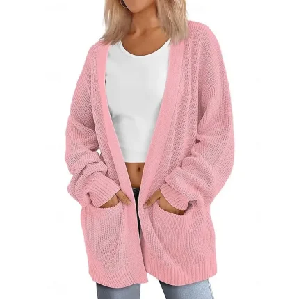 Women's Sweater Cardigan Elegant Fashion Streetwear Pure Color Open Front Pocket Knitted Long Sleeve Regular Tops Knit Outdoor Daily Weekend Pink Brown Fall Winter - Image 3