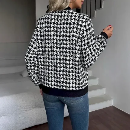 Women's Casual Jacket Comfortable Zipper Pocket Vintage Houndstooth Vacation Home Office Daily Regular Baseball Collar Regular Fit Long Sleeve Outerwear Black Spring Fall - Image 3