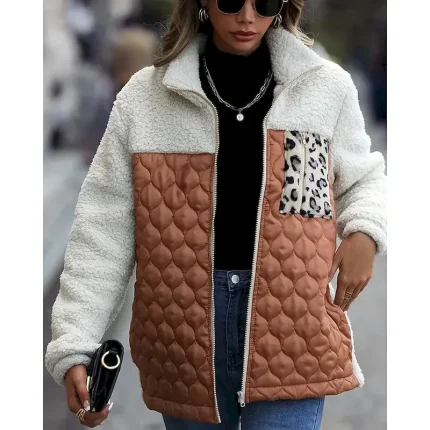 Women's Fleece Jacket Coat Warm Comfortable Patchwork Zipper Pocket Fashion Modern Casual Leopard Going out Weekend Zipper Regular Turndown Regular Fit Long Sleeve Outerwear Black Wine Army Green - Image 2