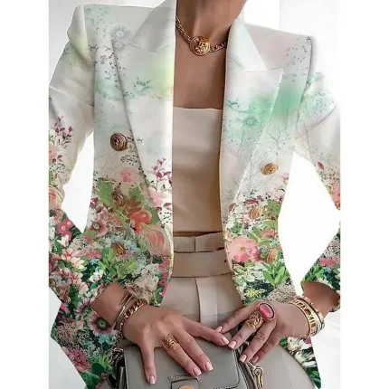 Women's Blazer Comfortable Breathable Print Fashion Casual Floral Formal Work Office / Career Double Breasted Regular Turndown Regular Fit Long Sleeve Outerwear Black White Navy Blue Summer - Image 3