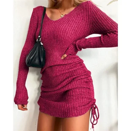 Women's Mini Dress Sweater Dress Fashion Modern Outdoor Vacation Holiday Regular Fit Plain Long Sleeve V Neck Black Yellow Wine Dark Green Fall - Image 6