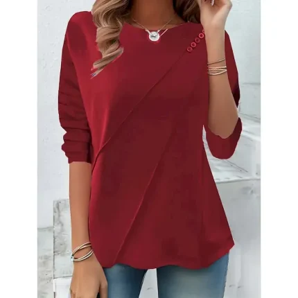 Women's T shirt Long Sleeve Solid Color Stylish Casual Long Sleeve Crew Neck Regular Tops Daily Buttons Black Yellow Red Blue  Spring Prefall - Image 5