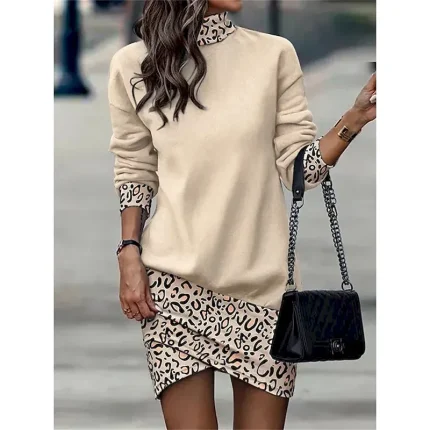 Women's Black Dress Work Dress Casual Dress Sheath Dress Fashion Winter Dress Daily Mini Dress Print Stand Collar Long Sleeve Leopard Floral Loose Fit Black White Yellow Fall Winter - Image 4