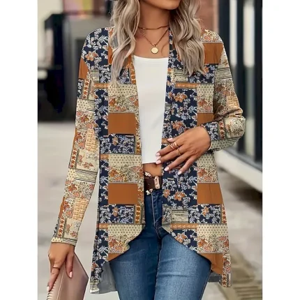 Women's Casual Jacket Breathable Comfortable Print Vintage Casual Floral Vacation Street Casual Daily Wear Open Front Regular Collarless Regular Fit Long Sleeve Outerwear Black And White Black Yellow - Image 3