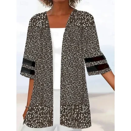 Women's Casual Jacket Breathable Comfortable Patchwork Print Casual Floral Vacation Street Daily Wear Going out Open Front Regular Collarless Regular Fit 3/4 Length Sleeve Outerwear Black Green Dark - Image 3