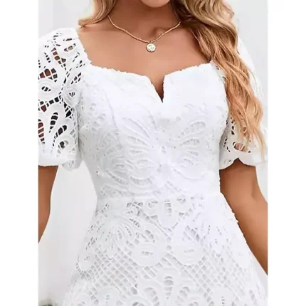 Women's Mini Dress A Line Dress Summer Dress Eyelet Dress Vacation Casual Daily Regular Fit Graphic Short Sleeve V Neck White Summer - Image 3