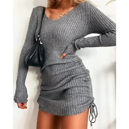 Women's Mini Dress Sweater Dress Fashion Modern Outdoor Vacation Holiday Regular Fit Plain Long Sleeve V Neck Black Yellow Wine Dark Green Fall - Image 3