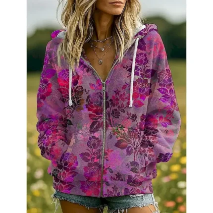 Women's 3D Print Vintage Boho Hoodie Patchwork Hoodie Sweatshirt Floral Zip Up s  Fashion Casual Long Sleeve Hooded  Street Dailywear Patchwork Zipper Pocket Red Blue Purple Fuchsia Green Spring Fall - Image 4
