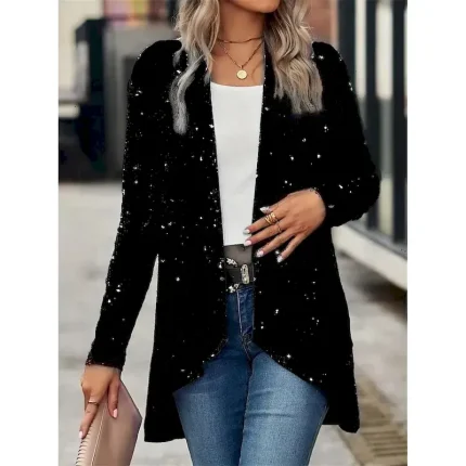 Women's Casual Jacket Outdoor Street Daily Wear Fall Winter Regular Coat Regular Fit Thermal Warm Breathable Stylish Casual Jacket Long Sleeve Plain Sequins Silver Black Red - Image 4
