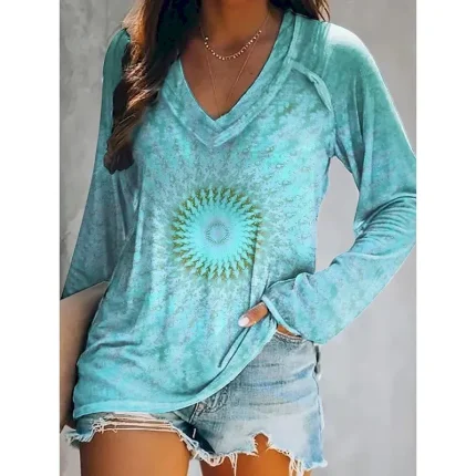 Women's T shirt Long Sleeve V Neck Long Sleeve Graphic Casual Geometry Vintage Stylish Classic Regular Tops Daily Weekend Print Light Green Pink Blue Orange Green Spring Fall Prefall - Image 4