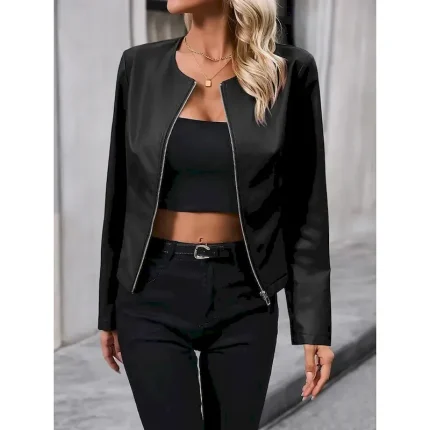 Women's Faux Leather Jacket Casual Jacket Comfortable Breathable Zipper Casual Plain Vacation Street Casual Daily Wear Zipper Short Crewneck Regular Fit Long Sleeve Outerwear Black Brown Apricot - Image 6
