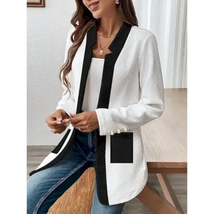 Women's Casual Jacket Comfortable Breathable Pocket Buttons Casual Plain Vacation Street Casual Daily Wear Single Breasted Regular Stand Collar Regular Fit Long Sleeve Outerwear Black White Spring - Image 3