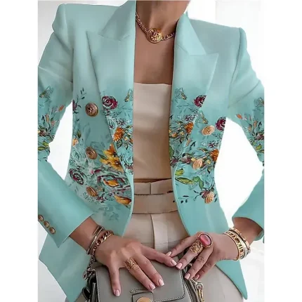 Women's Blazer Comfortable Breathable Print Fashion Casual Floral Formal Work Office / Career Double Breasted Regular Turndown Regular Fit Long Sleeve Outerwear Black White Navy Blue Summer - Image 5