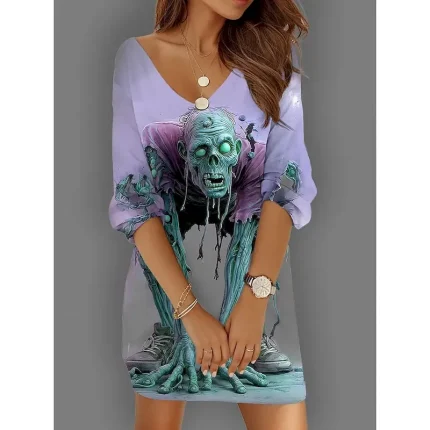 Halloween Women's Skulls Print Mini Dress Shift Dress Vacation Casual Daily Holiday Cocktail Party Loose Fit Graphic Skull Long Sleeve V Neck Yellow Blue Purple Green Summer Spring Fall Autumn - Image 4