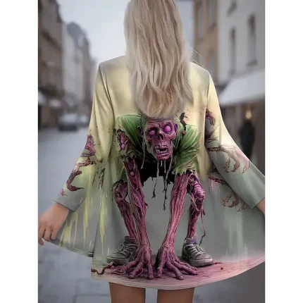 Halloween Women's Skulls Print Mini Dress Shift Dress Vacation Casual Daily Holiday Cocktail Party Loose Fit Graphic Skull Long Sleeve V Neck Yellow Blue Purple Green Summer Spring Fall Autumn - Image 6