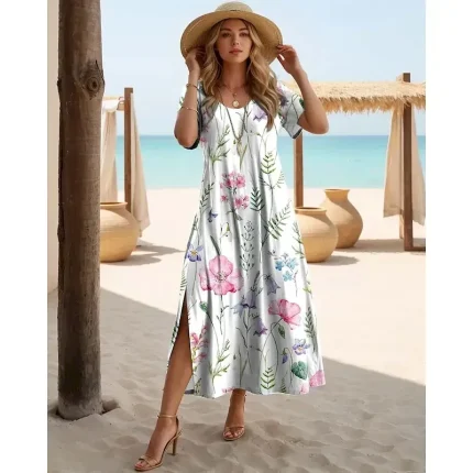 Women's Maxi Dress Casual Dress Casual Daily Loose Fit Geometric Short Sleeve Crew Neck Teal Black White Red Summer - Image 5