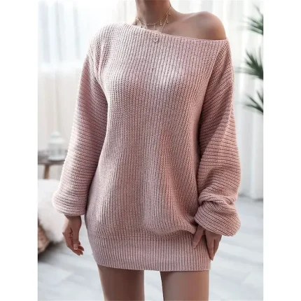 Women's Sweater Sweater Dress Casual Soft Pure Color Ribbed Off Shoulder Knitted Long Sleeve Long Tops Knit Outdoor Daily Weekend White Pink Fall Winter - Image 3