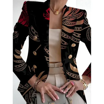 Women's Blazer Comfortable Breathable Pocket Print Fashion Casual Geometric Office Street Casual Daily Wear Double Breasted Regular Turndown Slim Long Sleeve Outerwear Black White Red Summer Spring - Image 4