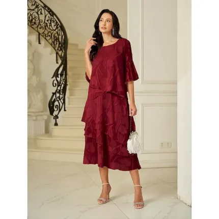 Women's Skirt Elegant Midi Mid Waist Skirts Floral Layered Inelastic Party Causal Wine Summer Chiffon - Image 3