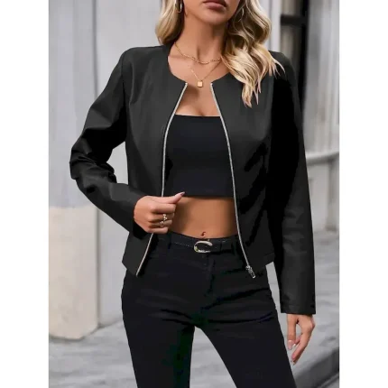 Women's Faux Leather Jacket Casual Jacket Comfortable Breathable Zipper Casual Plain Vacation Street Casual Daily Wear Zipper Short Crewneck Regular Fit Long Sleeve Outerwear Black Brown Apricot - Image 5