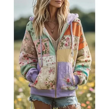 Women's 3D Print Vintage Boho Hoodie Patchwork Hoodie Sweatshirt Floral Hooded Sweatshirt Jacket Long Sleeve Zip Up With Pocket Lightweight Casual Zip Up s Street Dailywear Patchwork Pocket Fall - Image 5