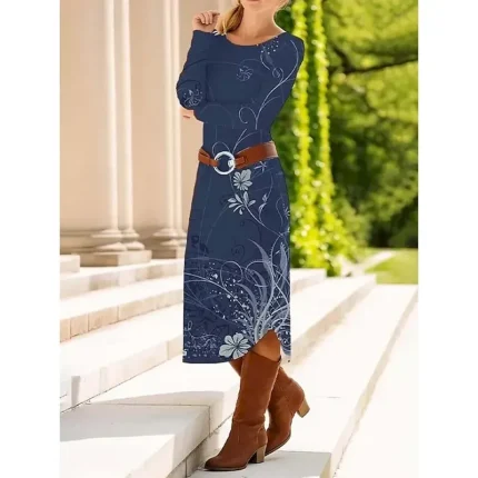 Women's Midi Dress Sheath Dress Shift Dress Casual Daily Regular Fit Floral Graphic Paisley Long Sleeve Crew Neck Blue Purple Brown Green Spring Fall Winter Autumn - Image 4