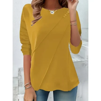 Women's T shirt Long Sleeve Solid Color Stylish Casual Long Sleeve Crew Neck Regular Tops Daily Buttons Black Yellow Red Blue  Spring Prefall - Image 6