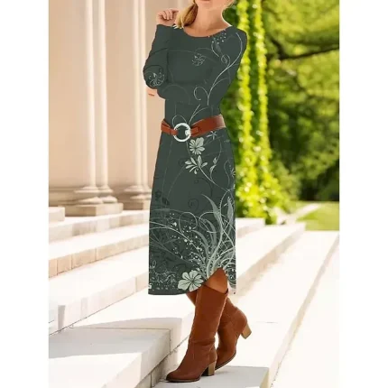 Women's Midi Dress Sheath Dress Shift Dress Casual Daily Regular Fit Floral Graphic Paisley Long Sleeve Crew Neck Blue Purple Brown Green Spring Fall Winter Autumn - Image 3